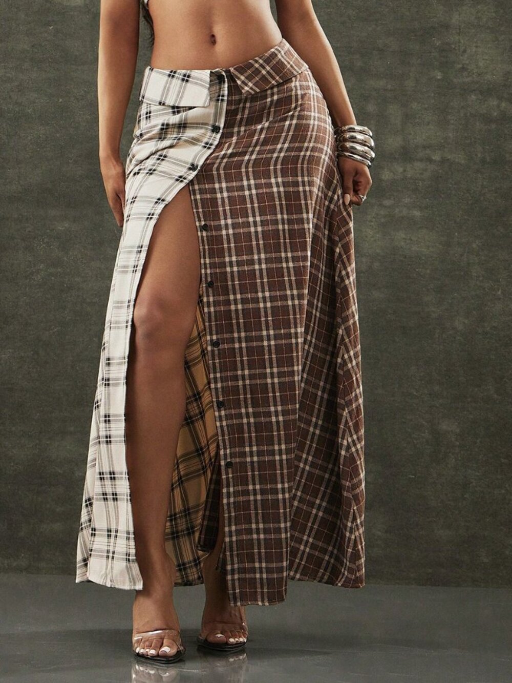 Multicolor Casual Women's Mixed Plaid Long Flared Skirt - Picture 4 of 6